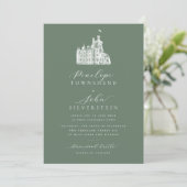 Castle Illustration Kalligrafie Name Sage Wedding Einladung (Stehend Vorderseite)