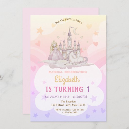 Castle Rainbow Princess Pony Birthday Einladung (Vorne/Hinten)