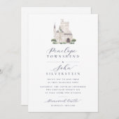 Castle Watercolor Illustration Script Wedding Einladung (Vorne/Hinten)