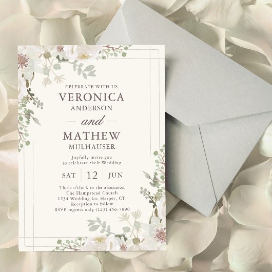 Casual Cream Spring Floral Wedding Invitations Einladung