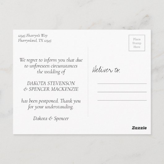 Casual Script | Navy Blue Grey Postponed Wedding Postkarte (Rückseite)