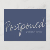 Casual Script | Navy Blue Grey Postponed Wedding Postkarte (Vorderseite)