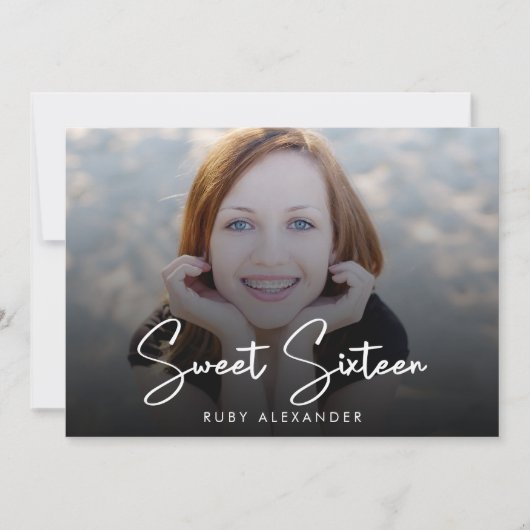 Casual Script White 4 Photo Sweet 16 Birthday  Einladung (Vorderseite)