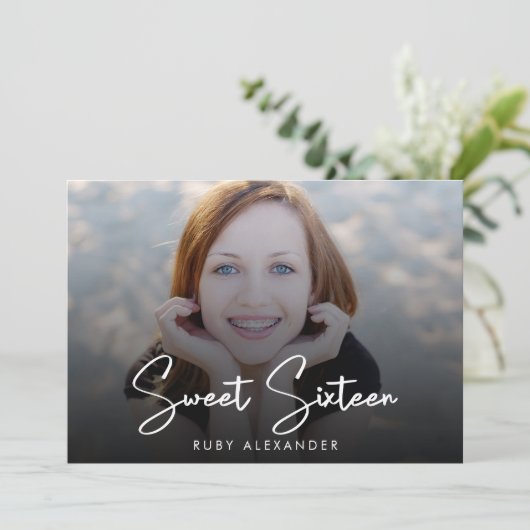 Casual Script White 4 Photo Sweet 16 Birthday  Einladung (Stehend Vorderseite)