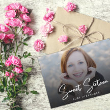 Casual Script White 4 Photo Sweet 16 Birthday 