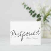 Casual Script | White Gray Postponed Wedding Postkarte (Stehend Vorderseite)