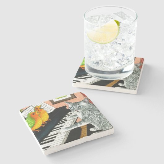 Cat 457 playing Piano Birds Steinuntersetzer (Seitenansicht)