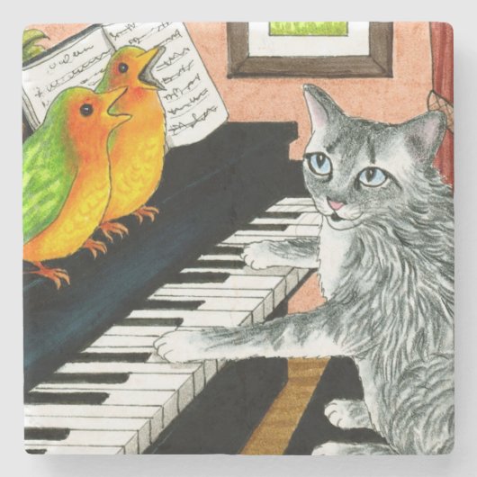 Cat 457 playing Piano Birds Steinuntersetzer (Vorderseite)