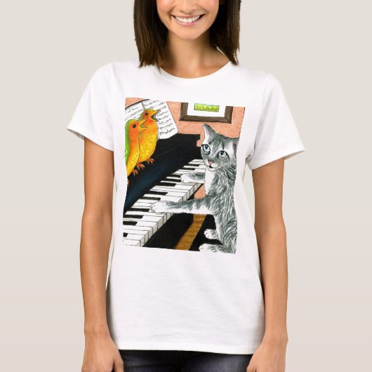 Cat 457 playing Piano Birds T-Shirt (Vorderseite)