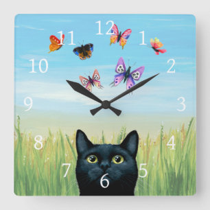 Cat 606 butterflies nature background quadratische wanduhr