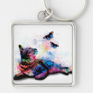 Cat 614 pink blue butterfly schlüsselanhänger