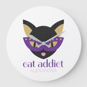 Cat Addict Cute Black Purple Gold Customized Name Große Wanduhr