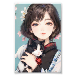 Cat and Anime Girl Style - Whimsical Friendship Fotodruck