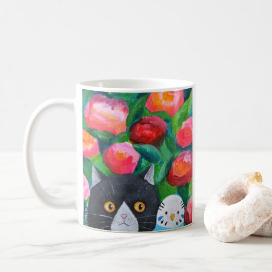 Cat and Blue Budgie Niedliches Haustier Lover Quir Kaffeetasse (Mit Donut)