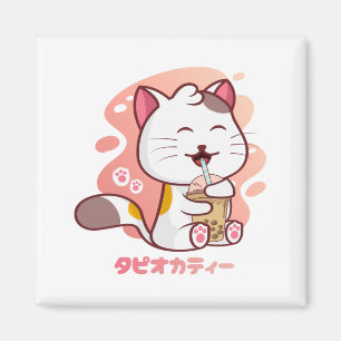 Cat and Boba Milk Tee Anime Kawaii Square Magnet