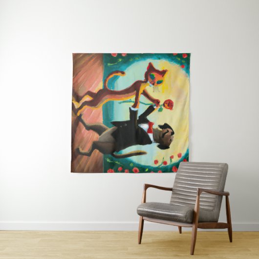 Cat and Dog Dancing Tango im Dance Club, AI Art Wandteppich (Beispiel (Horizontal))