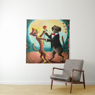 Cat and Dog Dancing Tango im Dance Club, AI Art Wandteppich