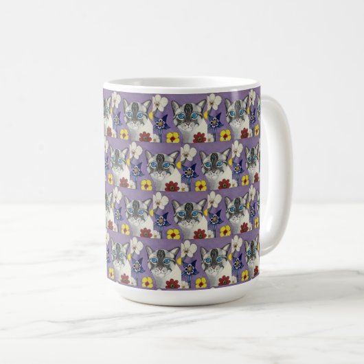 cat and Flowers Classic Mug, 444 ml Kaffeetasse (VorderseiteRechts)