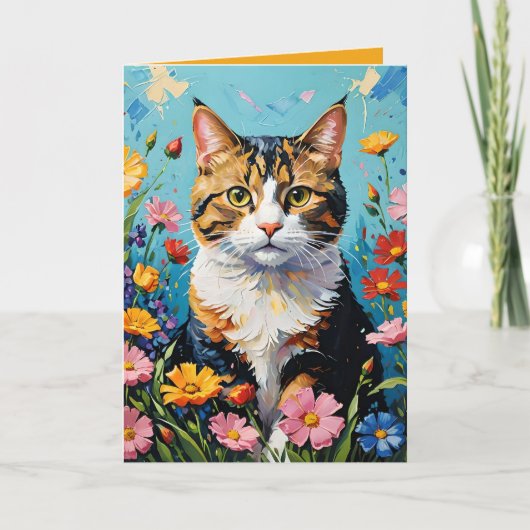Cat and Flowers Greetings Card Karte (Vorderseite)