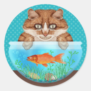 Cat and Goldfish Bowl Funny Hungernd Grinning Kitt Runder Aufkleber