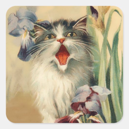 "Cat and Irises" von Maurice Boulanger Quadratischer Aufkleber (Vorderseite)