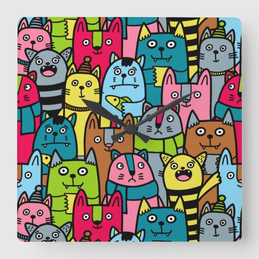 Cat and kittens quadratische wanduhr (Vorderseite)