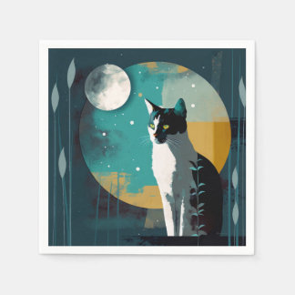 Cat and Moon with Fronds - Cocktail Napkins Serviette