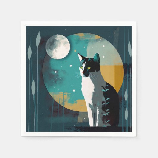 Cat and Moon with Fronds - Cocktail Napkins Serviette (Vorderseite)
