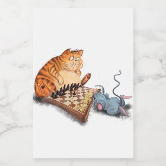Cat and Mouse Playing Chess Cartoon Drawing Funny Lebensmitteletikett (Einzelnes Label)