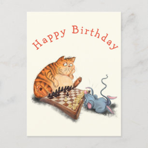 Cat and Mouse Playing Chess Funny Birthday Card Postkarte