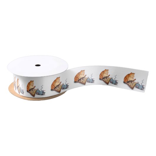Cat and Mouse Playing Chess Funny Satin Ribbon Satinband (Spule)