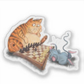 Cat and Mouse Playing Schach Cartoon Zeichn Funny Aufkleber (Vorderseite)