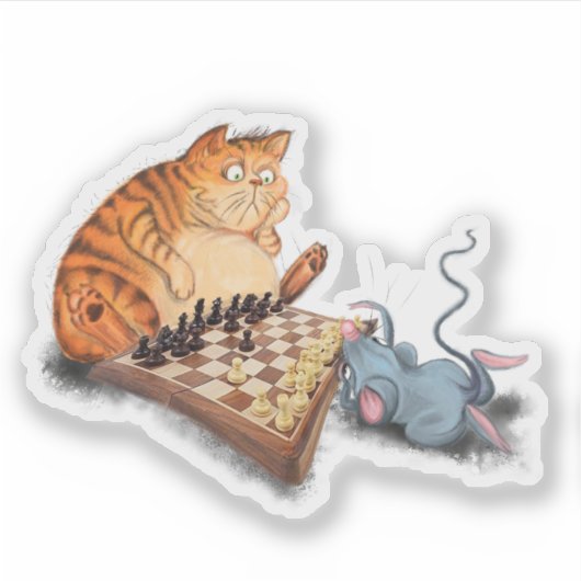 Cat and Mouse Playing Schach Cartoon Zeichn Funny Aufkleber (Vorderseite)
