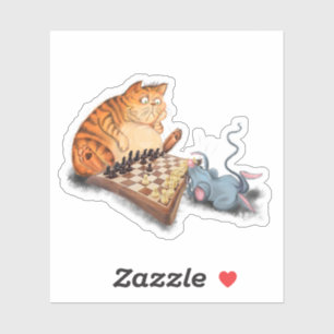 Cat and Mouse Playing Schach Cartoon Zeichn Funny Aufkleber