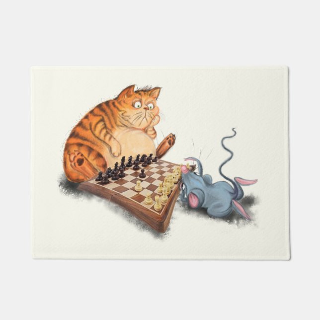Cat and Mouse Playing Schach Cartoon Zeichn Funny  Fußmatte (Vorderseite)