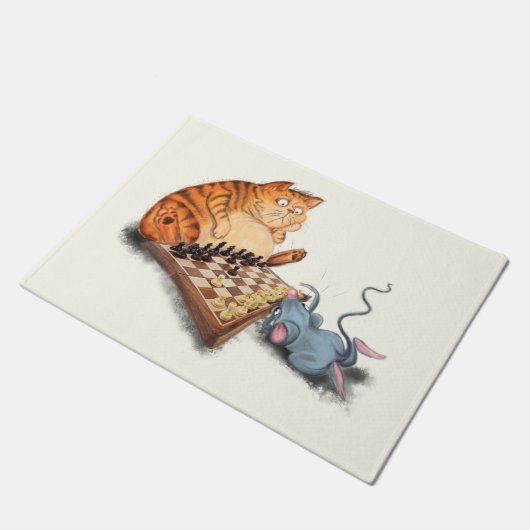 Cat and Mouse Playing Schach Cartoon Zeichn Funny Fußmatte (Schrägansicht)