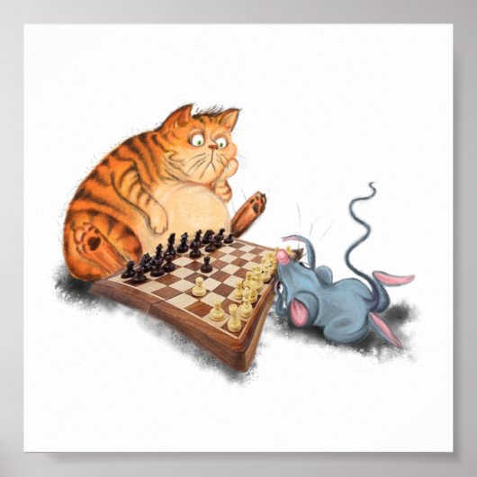 Cat and Mouse Playing Schach Cartoon Zeichn Funny Poster (Vorne)
