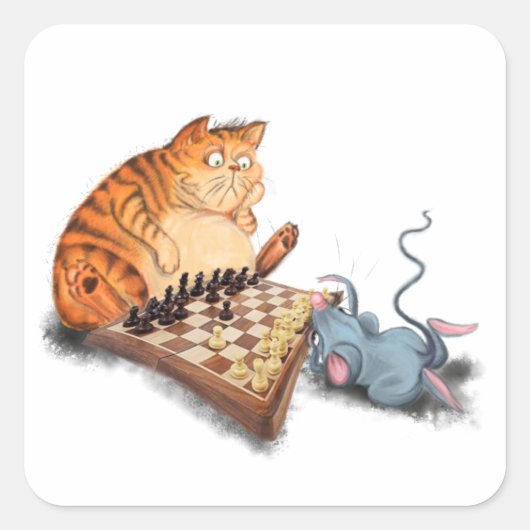 Cat and Mouse Playing Schach Cartoon Zeichn Funny Quadratischer Aufkleber (Vorderseite)