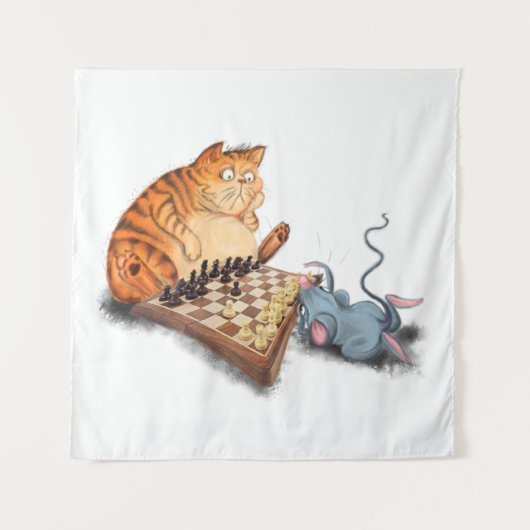 Cat and Mouse Playing Schach Cartoon Zeichn Funny Wandteppich (Vorderseite)