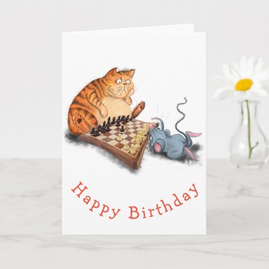 Cat and Mouse Playing Schach Happy Birthday Card Karte (Kleine Pflanze)