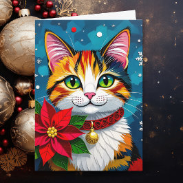 Cat and Poinsettia Personalized Christmas Feiertagskarte