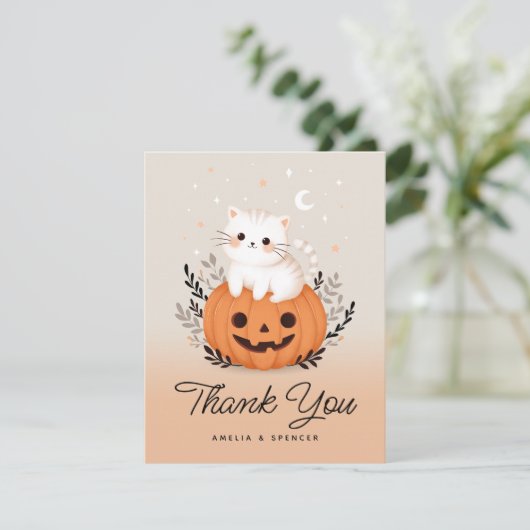 Cat and Pumpkin Baby Dusche Danke Karte (Stehend Vorderseite)