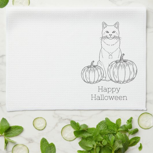 Cat and Pumpkins Line Art einfache minimale Hallow Geschirrtuch (Gefaltet)