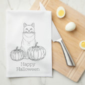 Cat and Pumpkins Line Art einfache minimale Hallow Geschirrtuch (Viertel Falte)