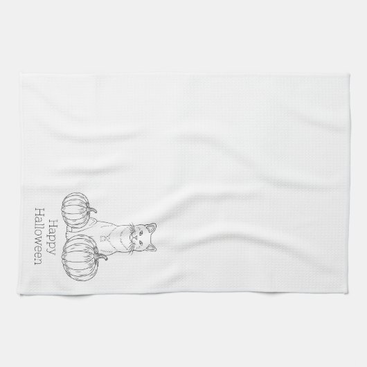 Cat and Pumpkins Line Art einfache minimale Hallow Geschirrtuch (Horizontal)