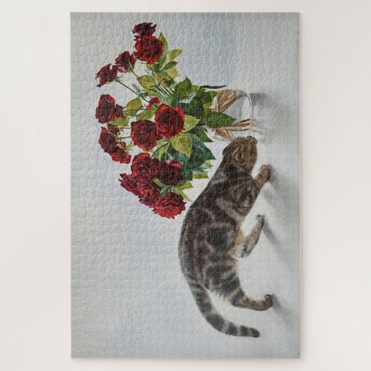 Cat and Red Roses – Realistic Oil Painting Print Puzzle (Vertikal)