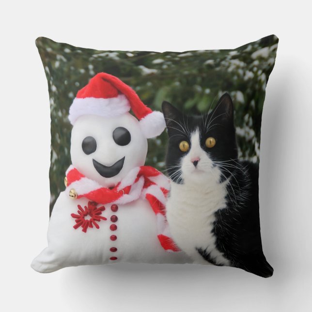 Cat and Santa Snowman Christmas Funny Foto Kissen (Vorderseite)