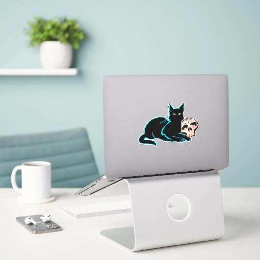 Cat and skull Halloween Illustration Aufkleber (Laptop auf Schreibtisch)