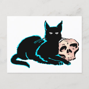 Cat and skull Halloween Illustration Postkarte