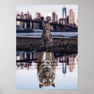 Cat and Tiger Water Reflection - Erfolg, Stress Poster